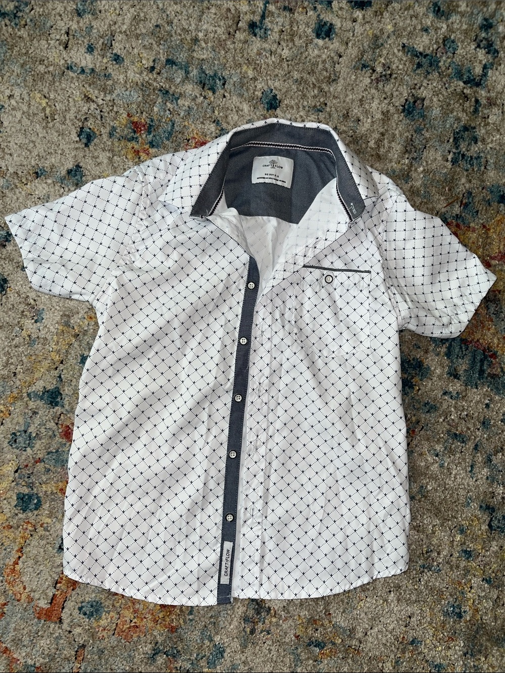 Boys White Short-Sleeve Button-Down Shirt with Navy Diamond Print